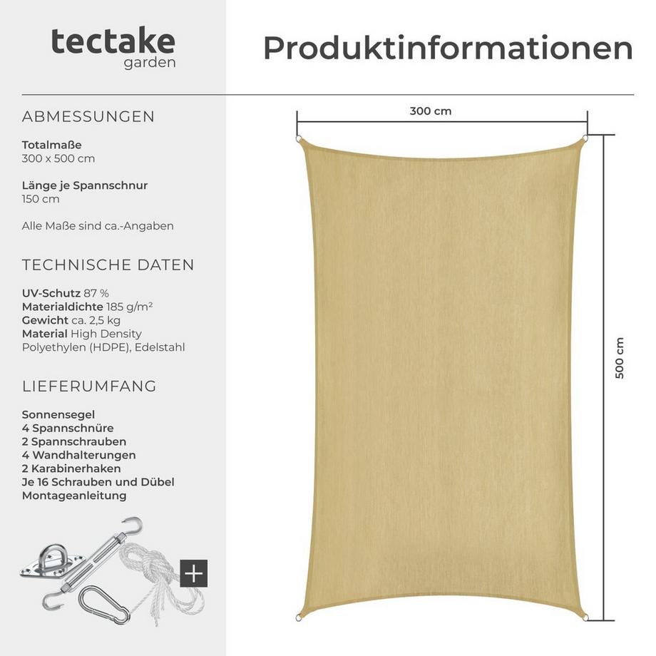 Tectake Voile d’ombrage SUNNY Différentes tailles en HDPE avec 87 % de protection UV  