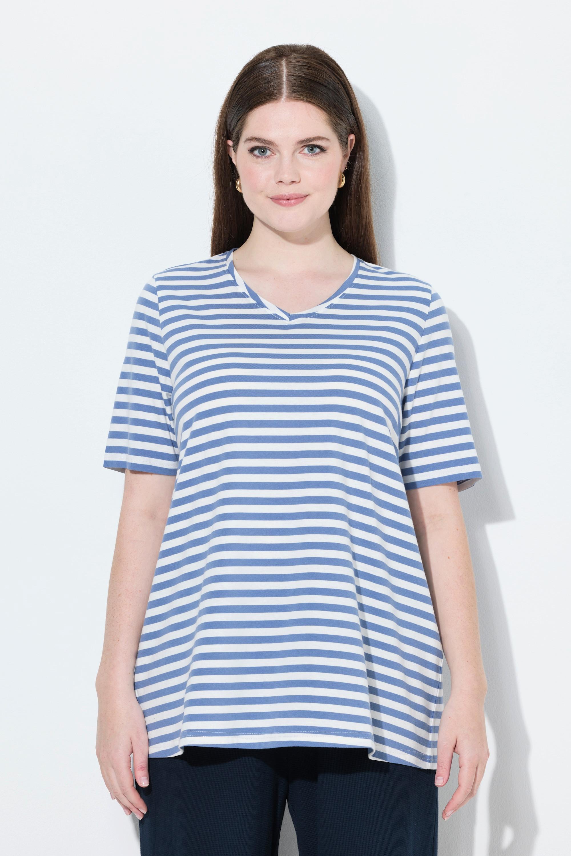 Ulla Popken T-shirt Confezione Doppia Righe Tinta Unita Scollo a V Mezze Maniche  