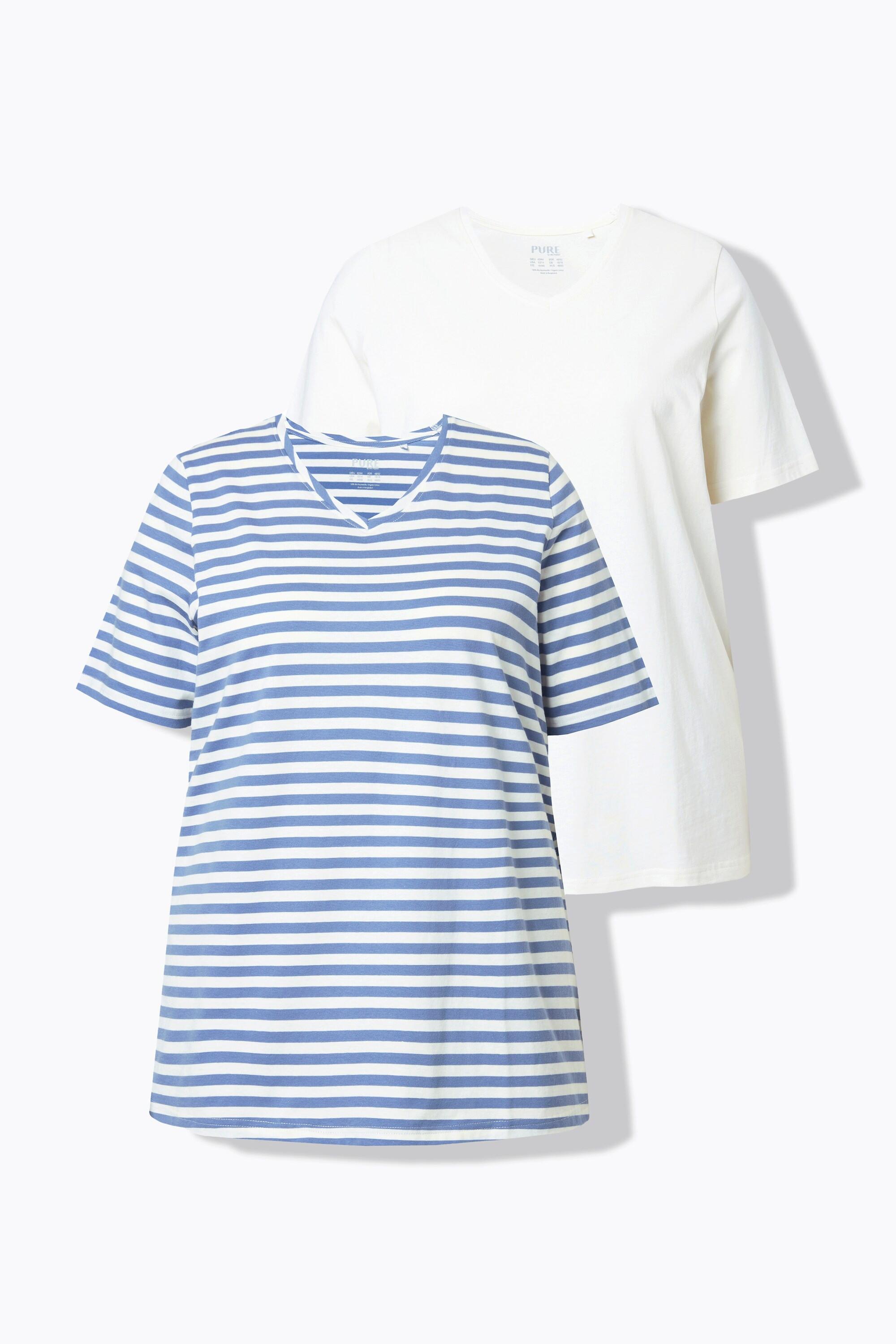 Ulla Popken T-shirt Confezione Doppia Righe Tinta Unita Scollo a V Mezze Maniche  