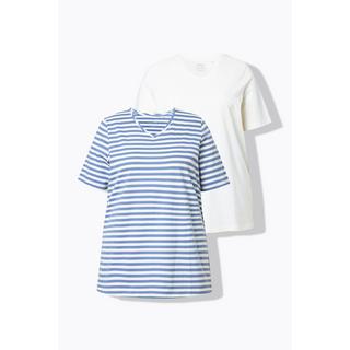 Ulla Popken T-shirt Confezione Doppia Righe Tinta Unita Scollo a V Mezze Maniche  