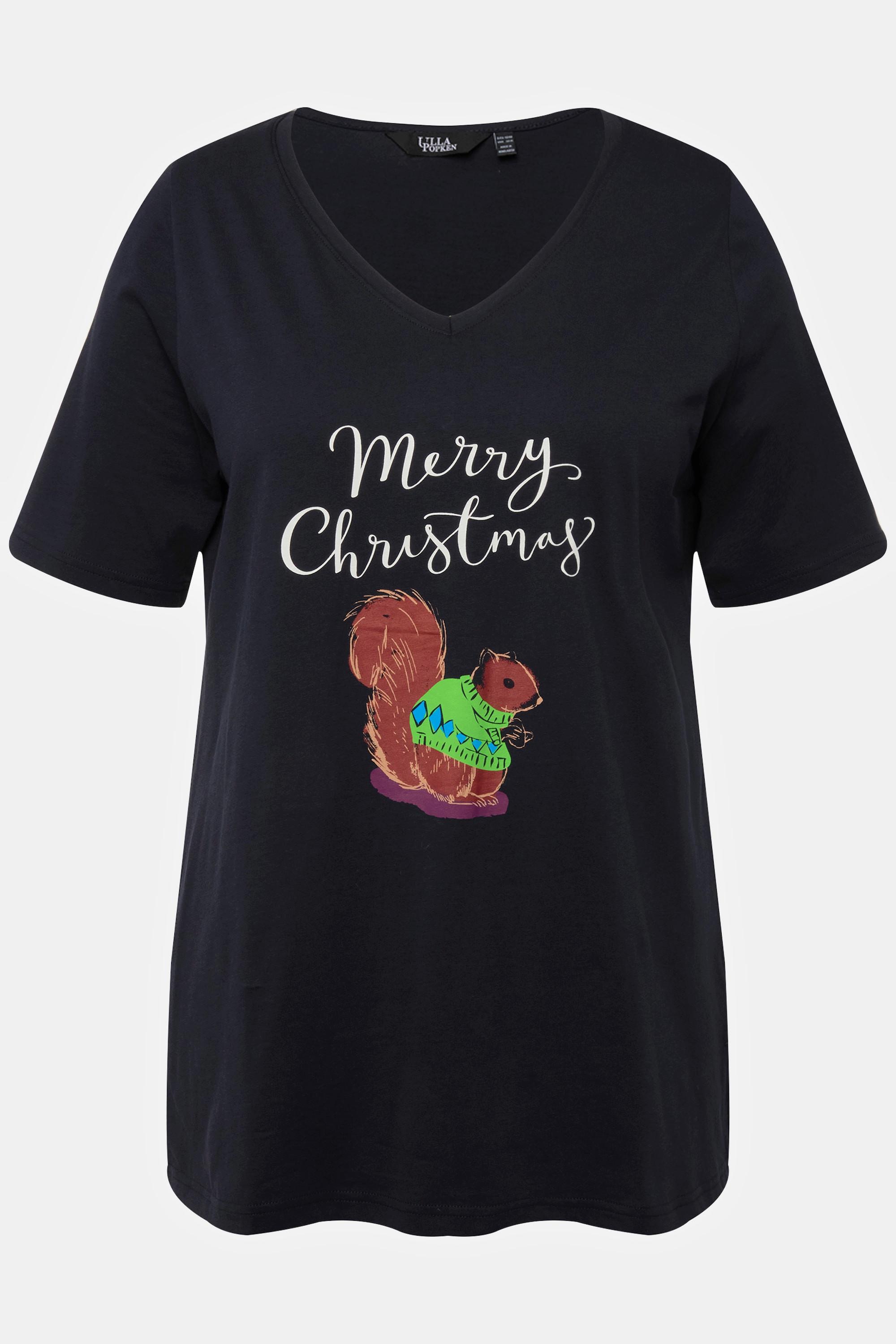 Ulla Popken  T-shirt de Noël à manches courtes et col V, motif écureuil 