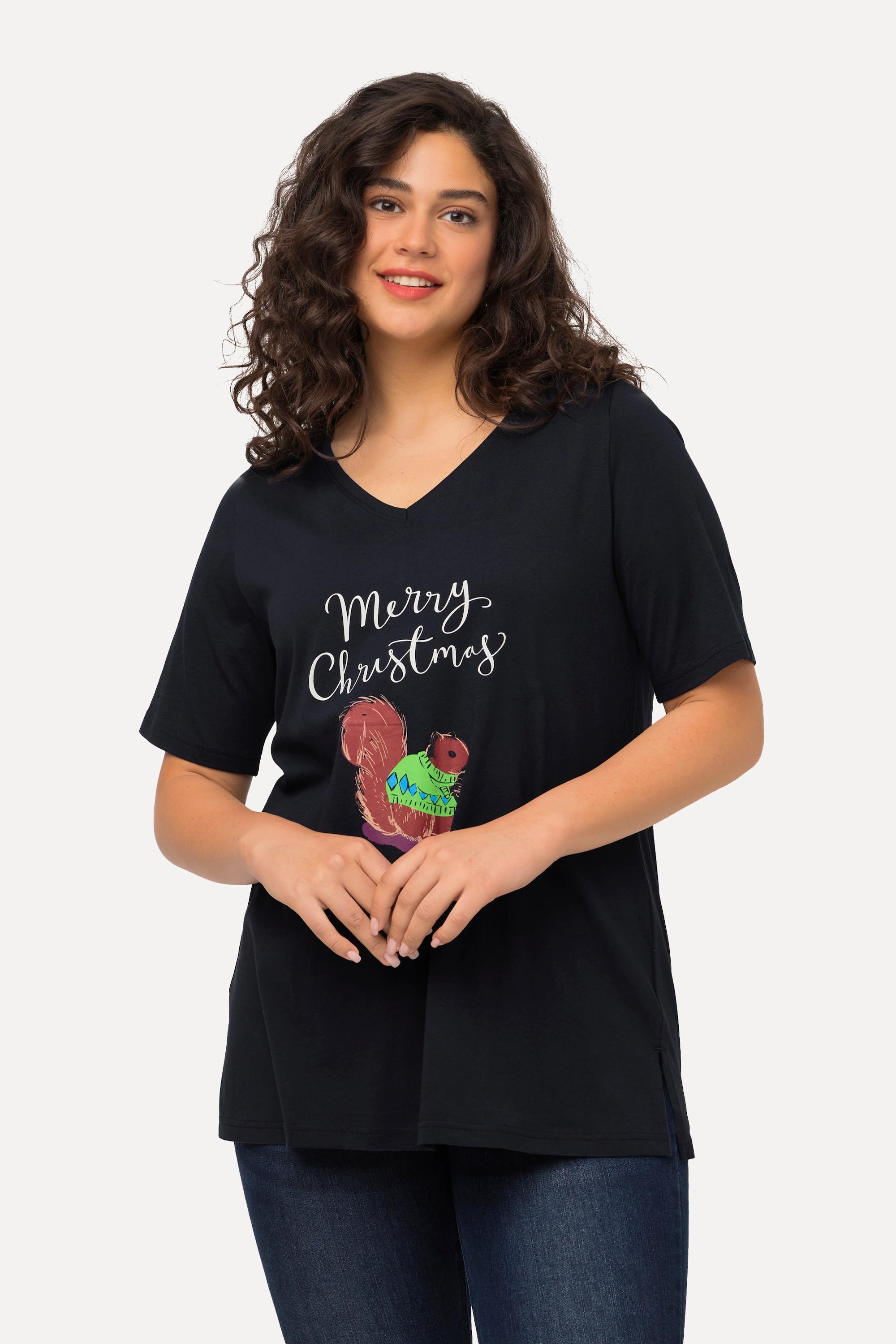 Ulla Popken  T-shirt de Noël à manches courtes et col V, motif écureuil 