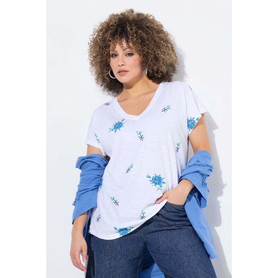 Ulla Popken T-Shirt Stickerei Oversized V-Ausschnitt Halbarm  