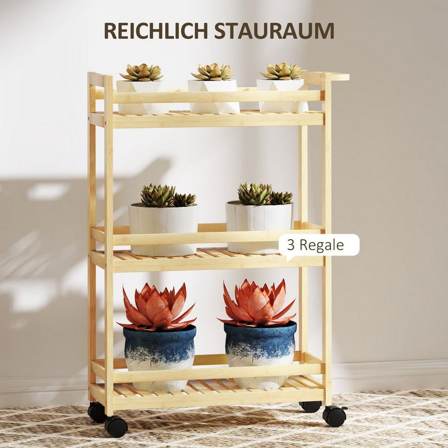 Northio 3-stöckiger Servierwagen aus Bambus, Küchenwagen mit Rolle, Allzweckwagen mit Griff, Lagerwagen für Büro, Wohnzimmer, Küche, 55 x 20 x 75 cm, Naturholz  