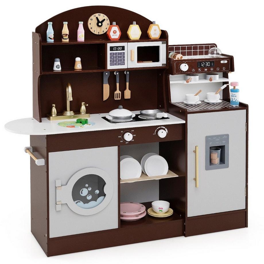 Northix  Cucina per bambini con 27 accessori, cucina giocattolo in legno con orologio, microonde, marrone 