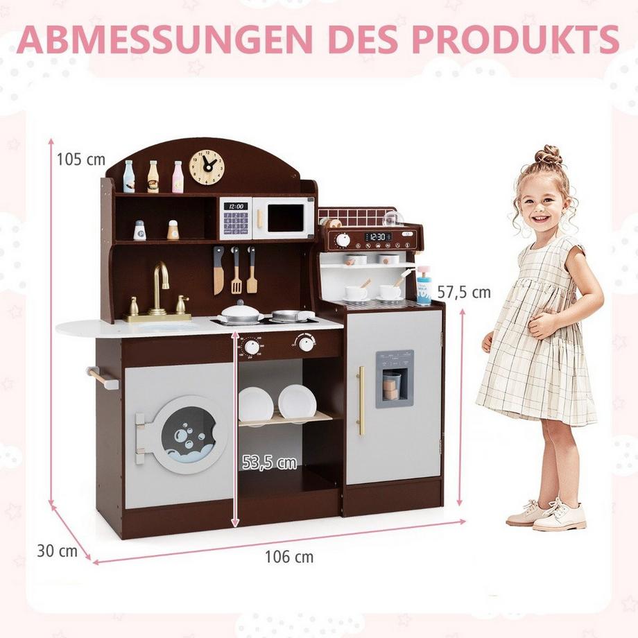 Northix  Cucina per bambini con 27 accessori, cucina giocattolo in legno con orologio, microonde, marrone 