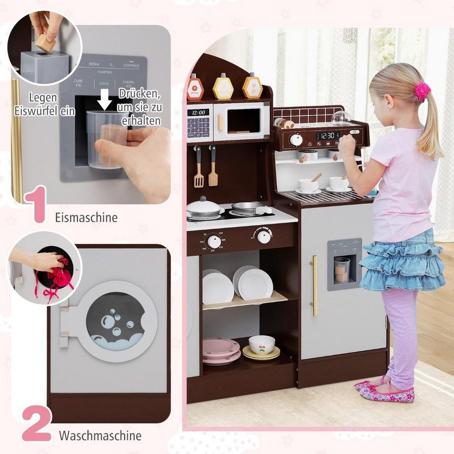 Northix  Cucina per bambini con 27 accessori, cucina giocattolo in legno con orologio, microonde, marrone 