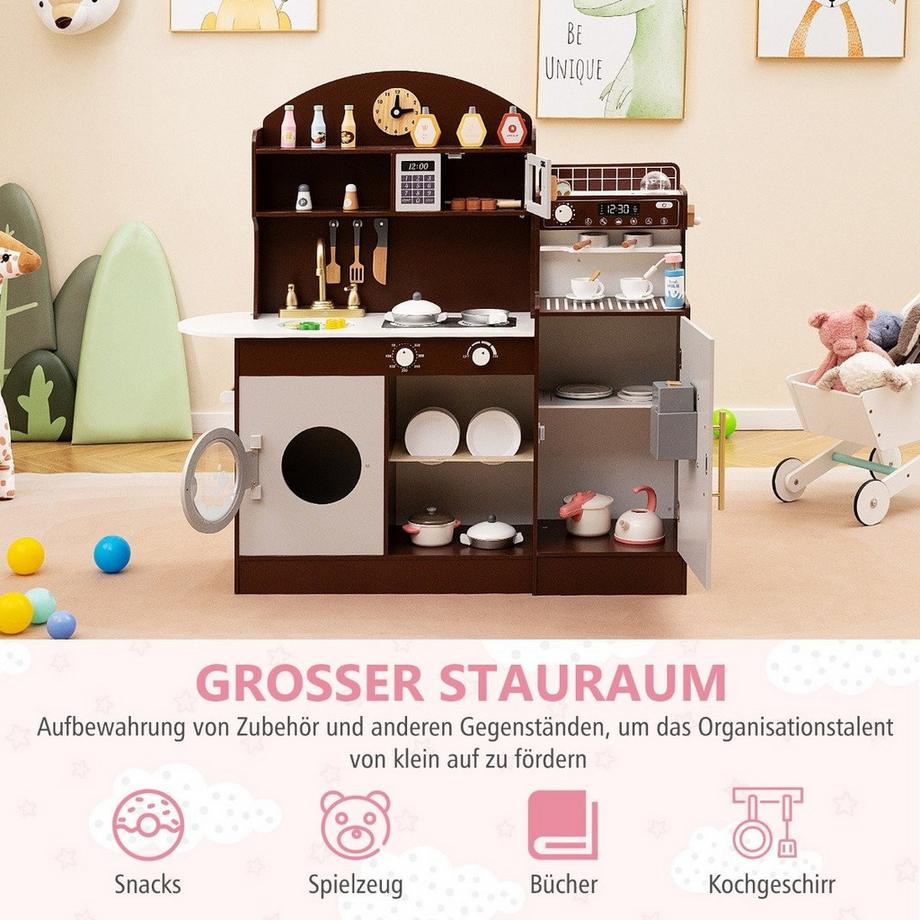Northix  Cucina per bambini con 27 accessori, cucina giocattolo in legno con orologio, microonde, marrone 