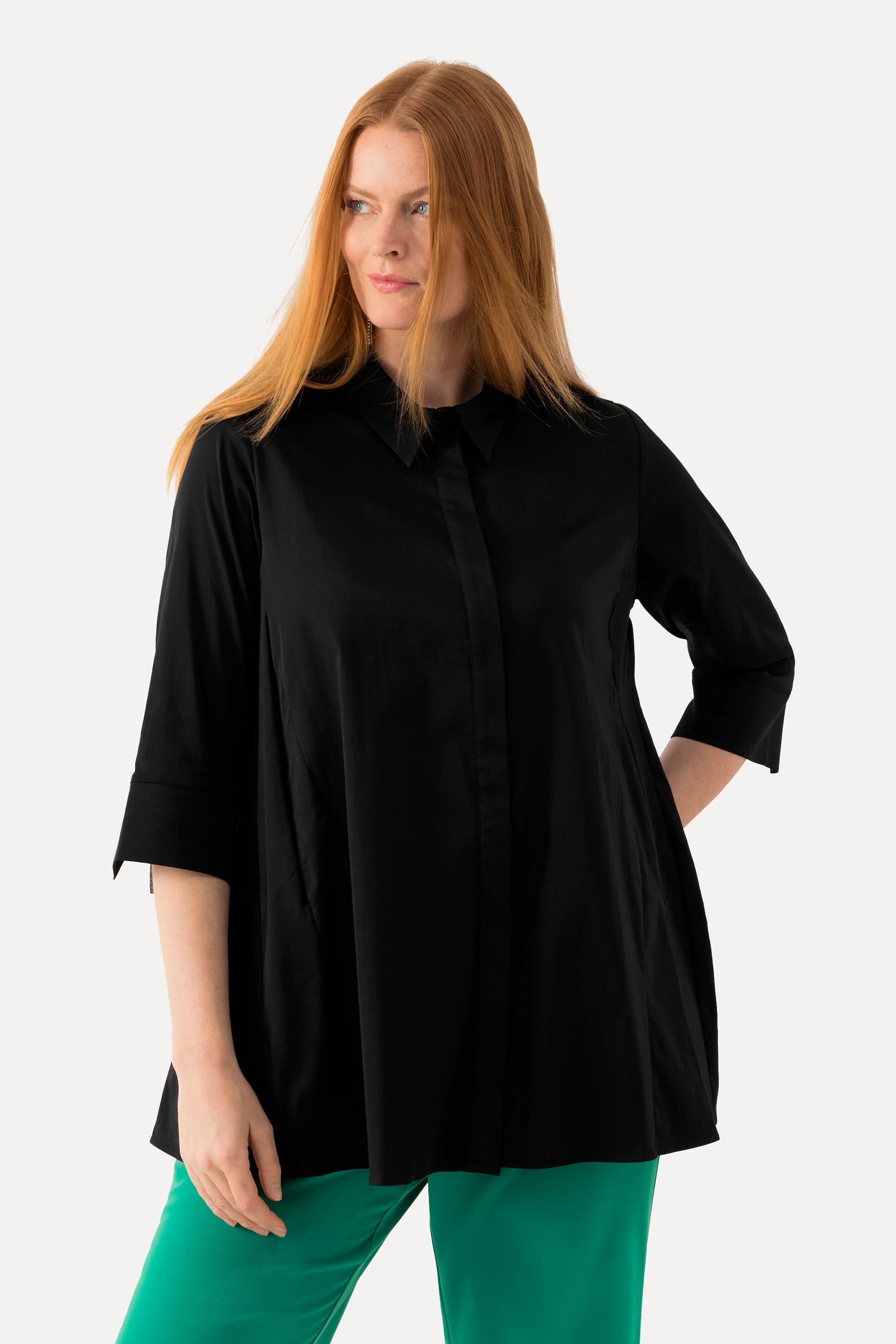 Ulla Popken  Bluse, Godeteinsätze, A-Linie, Hemdkragen, 3/4-Arm 