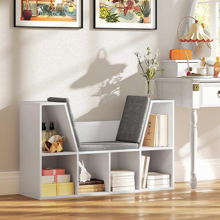 Northio Bücherregal mit Sitzkissen, Aufbewahrungsregal mit 6 Fächern, Leinenoptik, Kleiner Bücherschrank für Wohnzimmer, Schlafzimmer, 105 x 30 x 63 cm, Weiß  