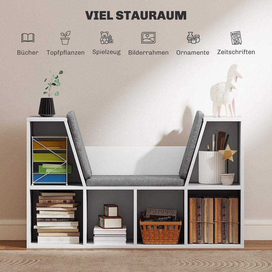 Northio Bücherregal mit Sitzkissen, Aufbewahrungsregal mit 6 Fächern, Leinenoptik, Kleiner Bücherschrank für Wohnzimmer, Schlafzimmer, 105 x 30 x 63 cm, Weiß  