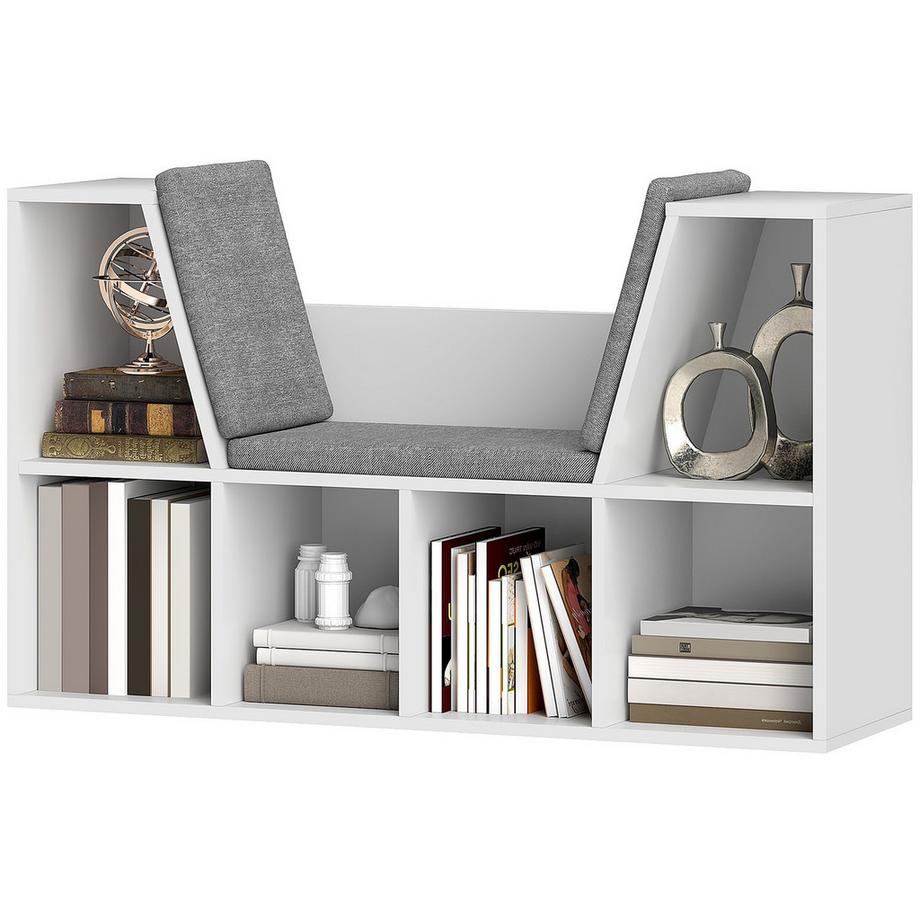 Northio Bücherregal mit Sitzkissen, Aufbewahrungsregal mit 6 Fächern, Leinenoptik, Kleiner Bücherschrank für Wohnzimmer, Schlafzimmer, 105 x 30 x 63 cm, Weiß  