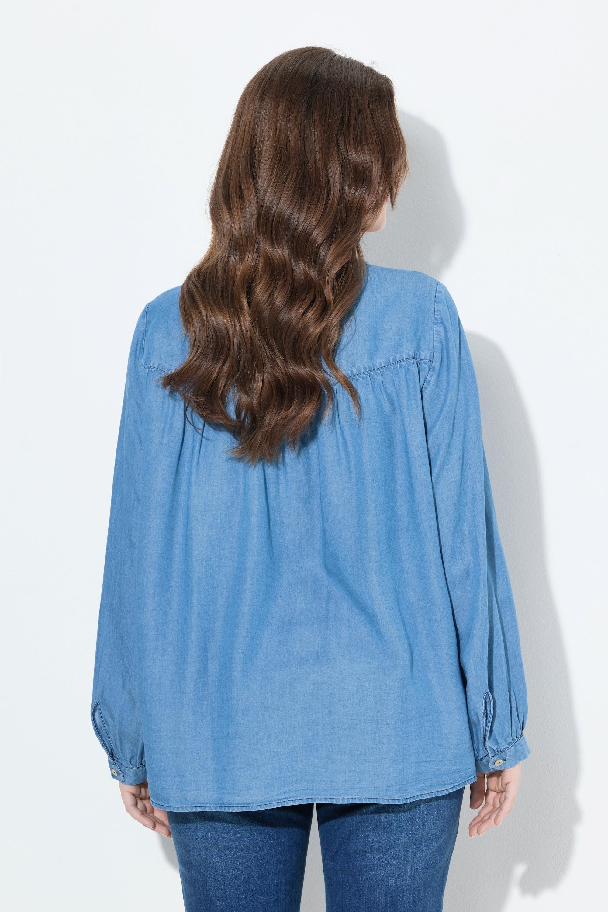 Ulla Popken Blusa di jeans Ricami Taglio svasato Scollo a V Maniche lunghe  