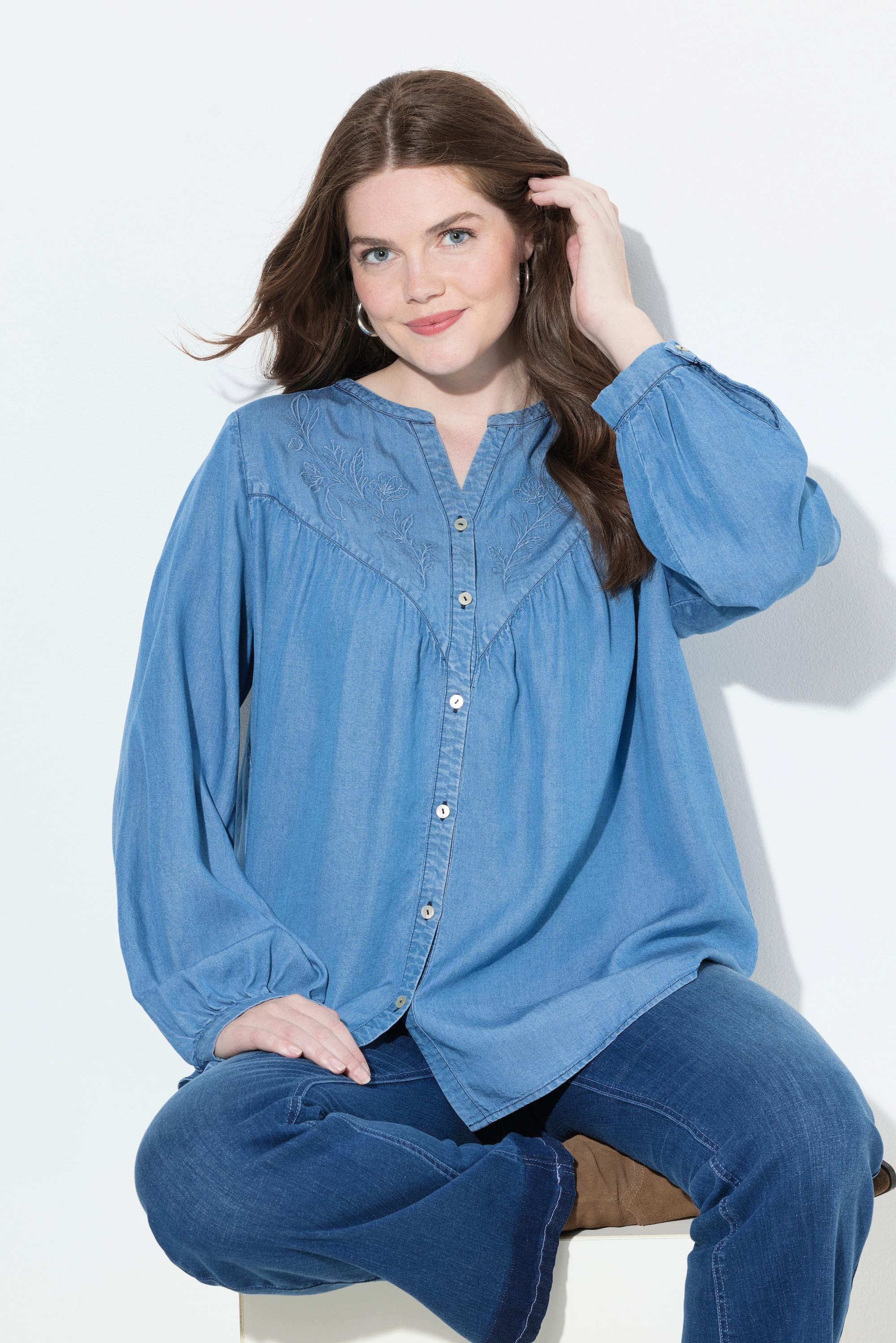 Ulla Popken Blusa di jeans Ricami Taglio svasato Scollo a V Maniche lunghe  