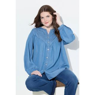 Ulla Popken Blusa di jeans Ricami Taglio svasato Scollo a V Maniche lunghe  