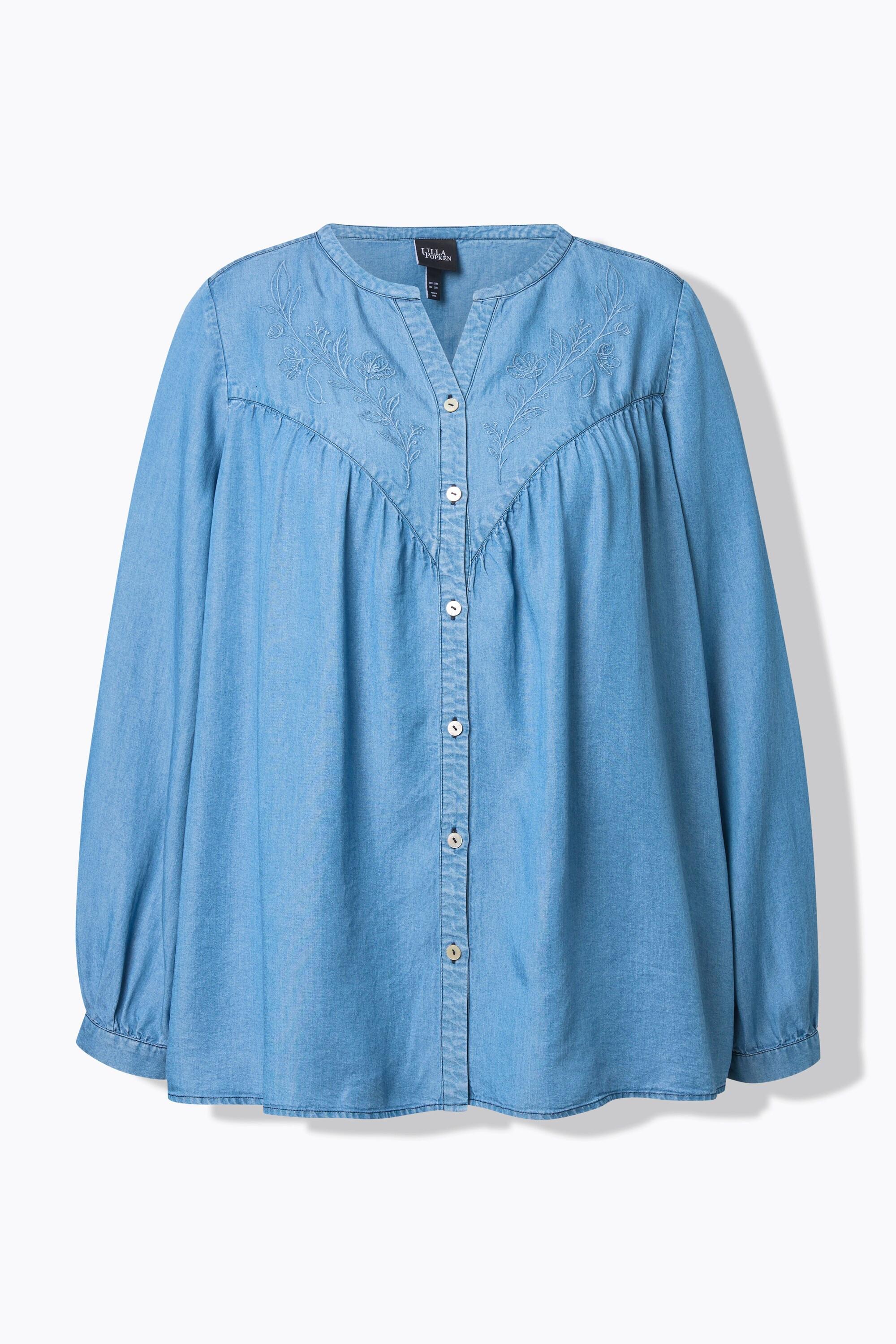 Ulla Popken Blusa di jeans Ricami Taglio svasato Scollo a V Maniche lunghe  