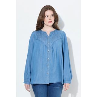 Ulla Popken Blusa di jeans Ricami Taglio svasato Scollo a V Maniche lunghe  