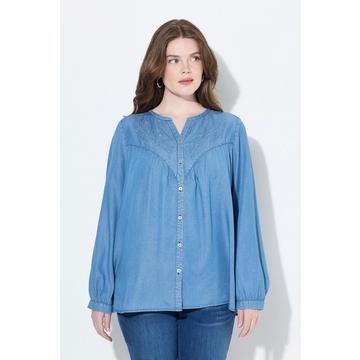 Blusa di jeans dal taglio svasato con ricami, scollo a V e maniche lunghe