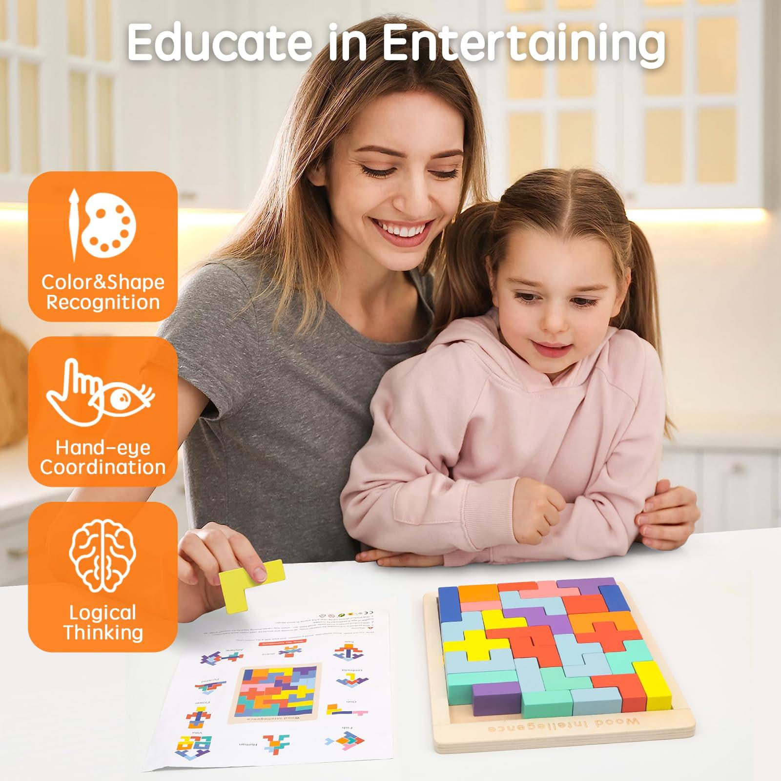 Activity-board  Jeu de puzzle 3D Tetris pour enfants, puzzle en bois avec 30 pièces, intelligence des blocs de construction colorés 