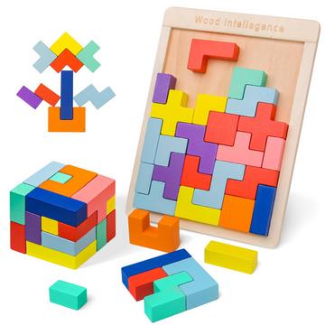 Jeu de puzzle 3D Tetris pour enfants, puzzle en bois avec 30 pièces, intelligence des blocs de construction colorés