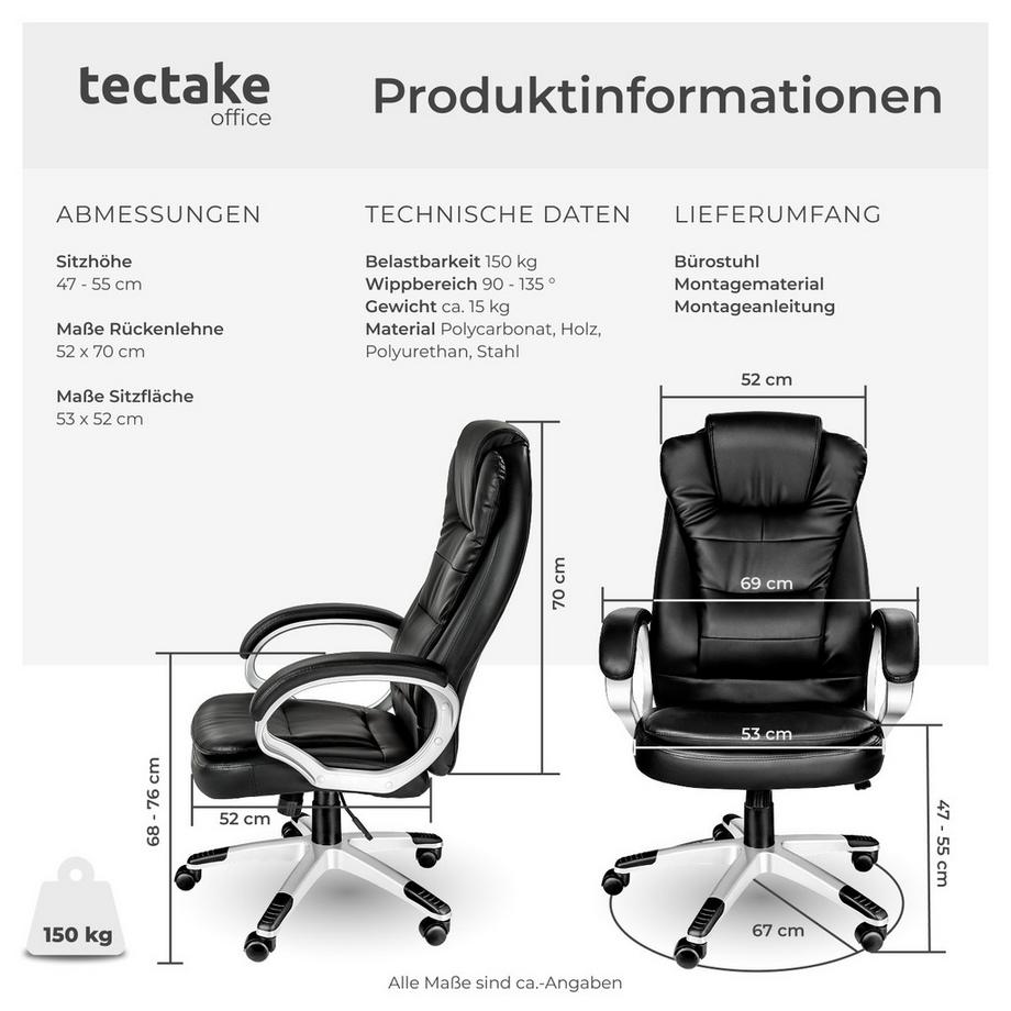 Tectake Bürostuhl Zulu 360° drehbar und stufenlos höhenverstellbar mit gepolsterten Armlehnen  