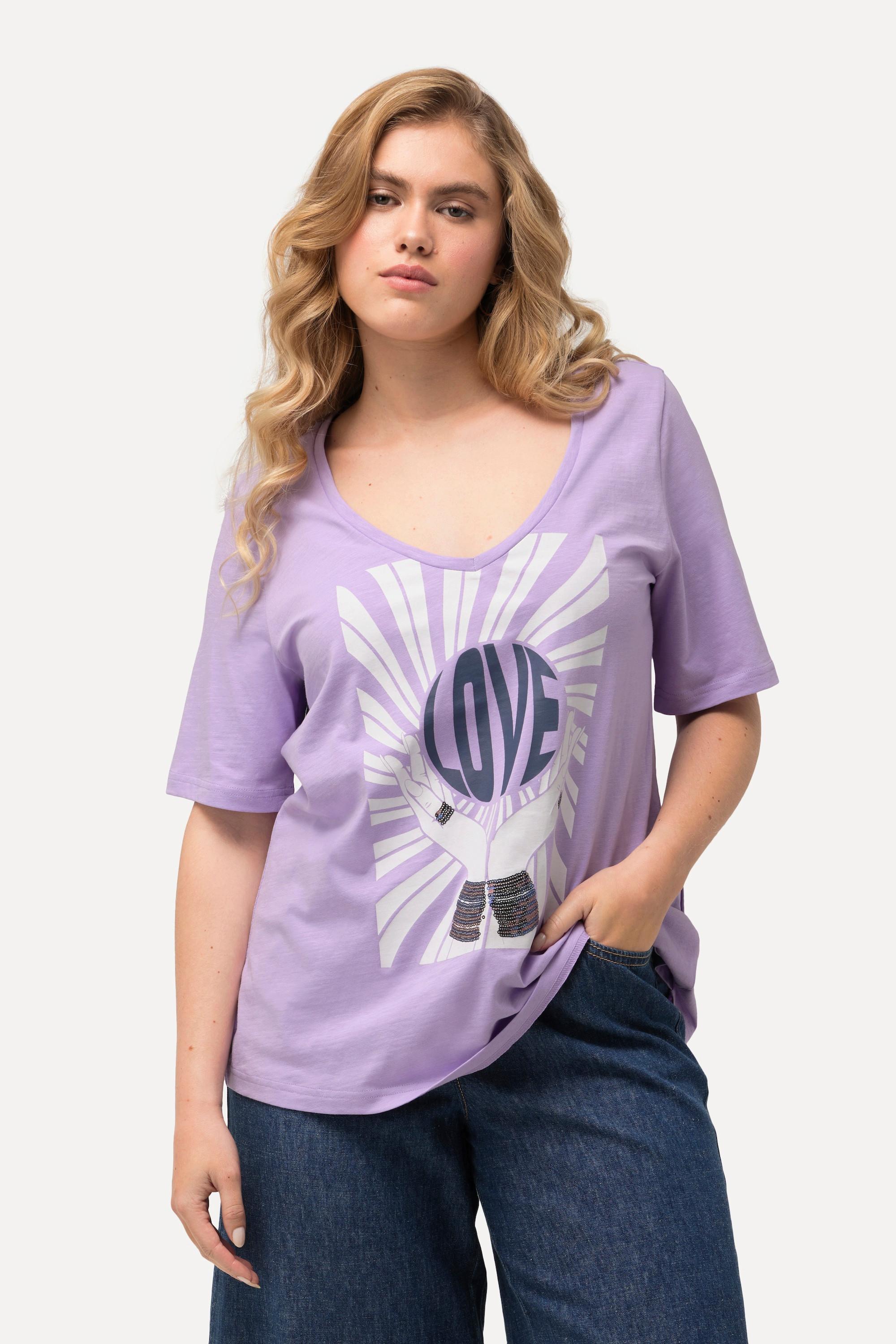 Ulla Popken T-Shirt Classica Paillettes Scollo a V Mezza Manica  