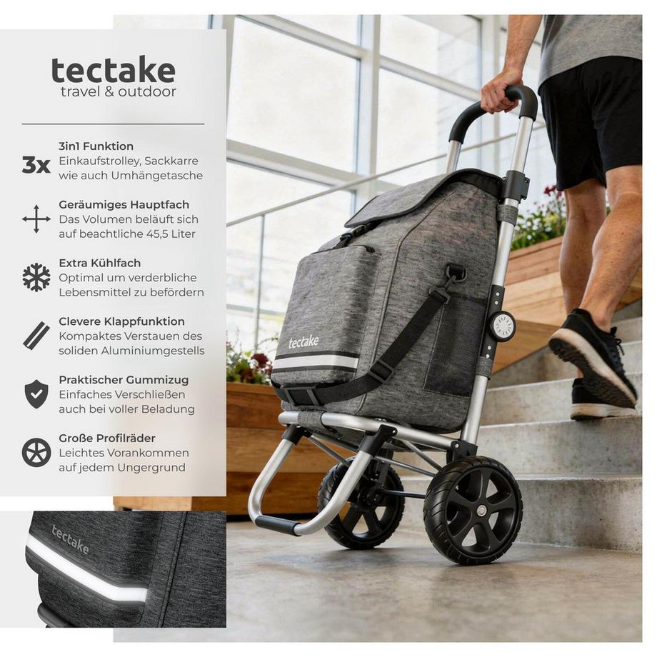 Tectake  Carrello della Spesa Shopper 3 in 1: trolley della spesa, borsa a tracolla e borsa spesa a mano, capacità 45,5L 