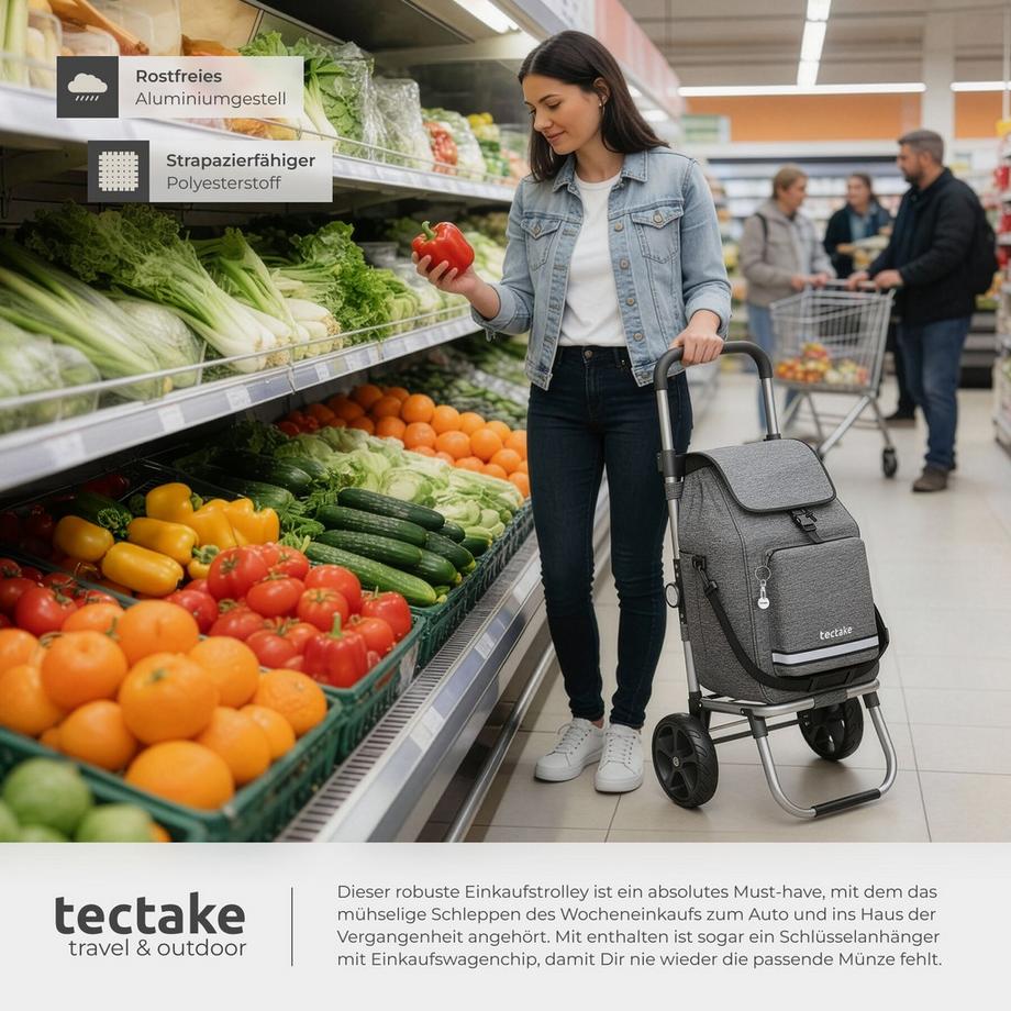 Tectake  Carrello della Spesa Shopper 3 in 1: trolley della spesa, borsa a tracolla e borsa spesa a mano, capacità 45,5L 
