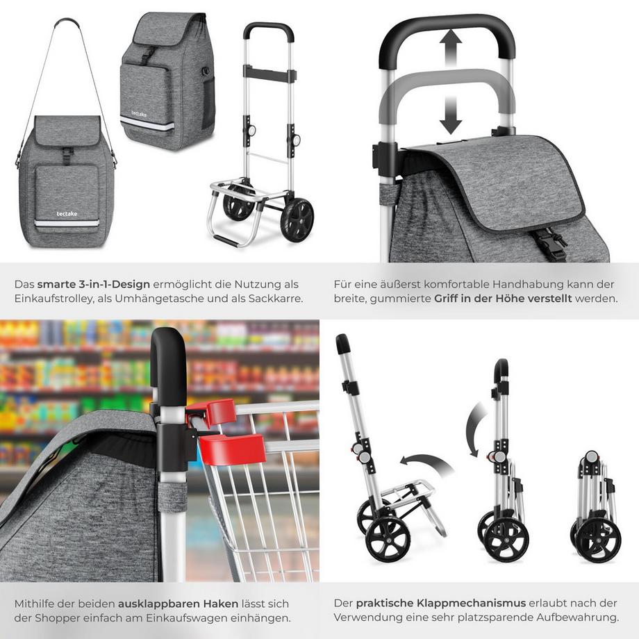 Tectake  Carrello della Spesa Shopper 3 in 1: trolley della spesa, borsa a tracolla e borsa spesa a mano, capacità 45,5L 