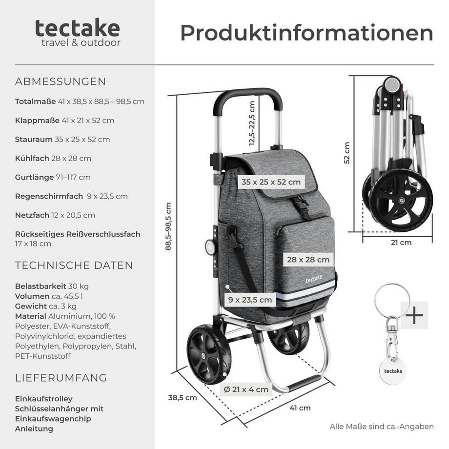 Tectake  Carrello della Spesa Shopper 3 in 1: trolley della spesa, borsa a tracolla e borsa spesa a mano, capacità 45,5L 