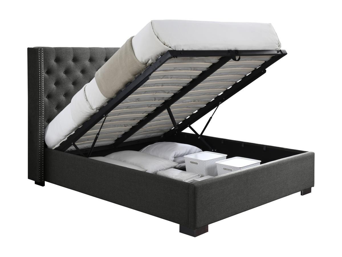 Vente-unique Lit coffre 160 x 200 cm avec tête de lit capitonnée - Tissu - Gris + Matelas - MASSIMO  