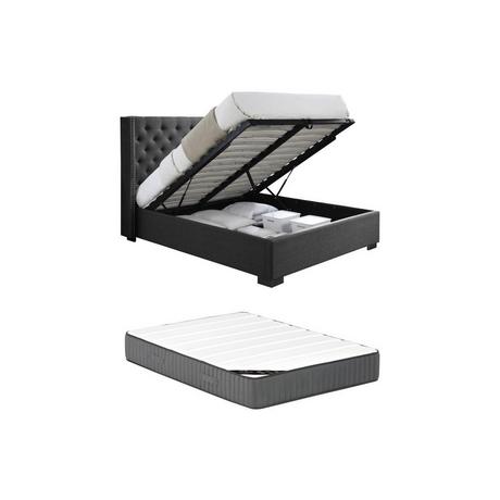 Vente-unique Lit coffre 160 x 200 cm avec tête de lit capitonnée - Tissu - Gris + Matelas - MASSIMO  