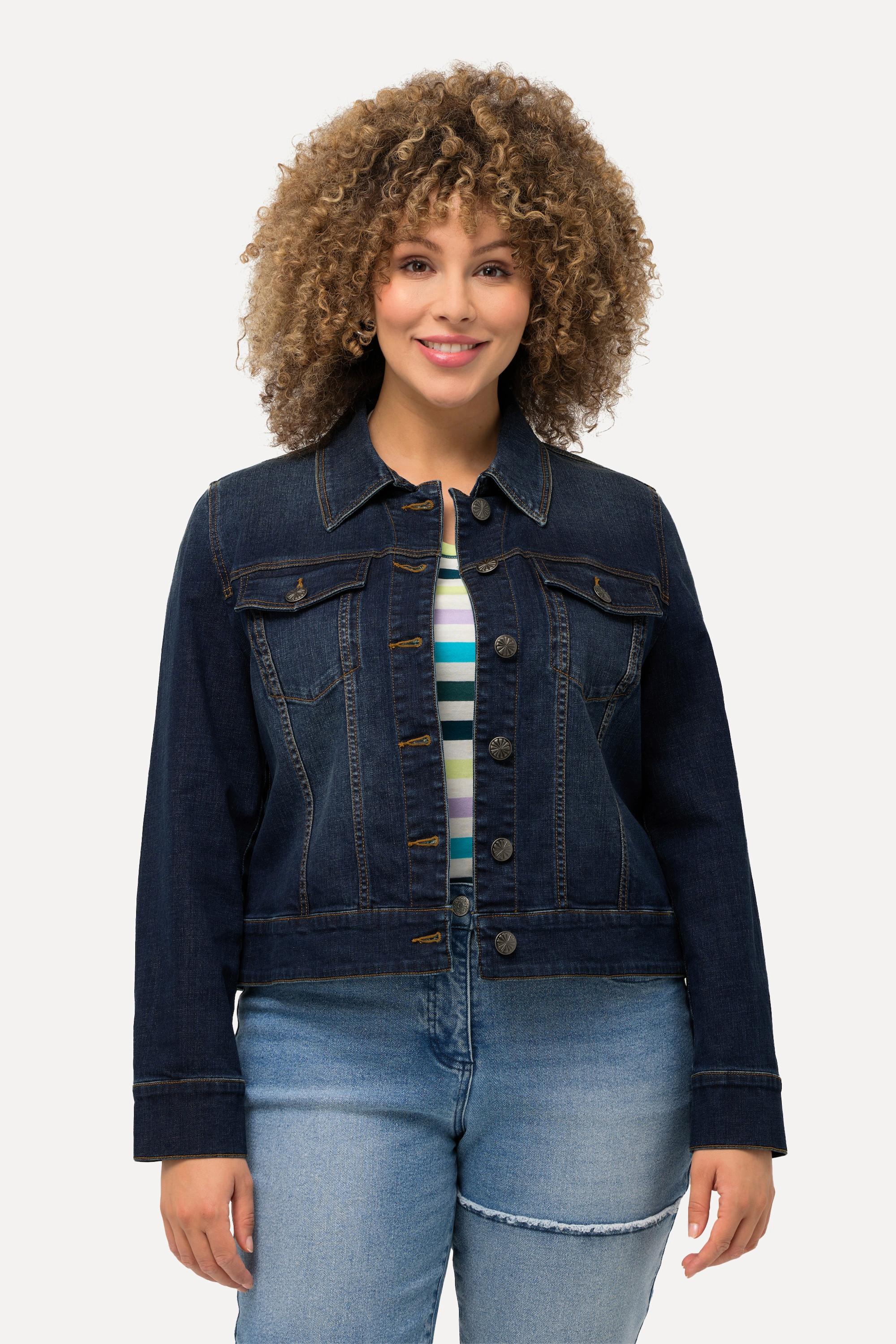 Ulla Popken  Veste en jean, col chemise. Coutures fantaisie et délavage tendance. 