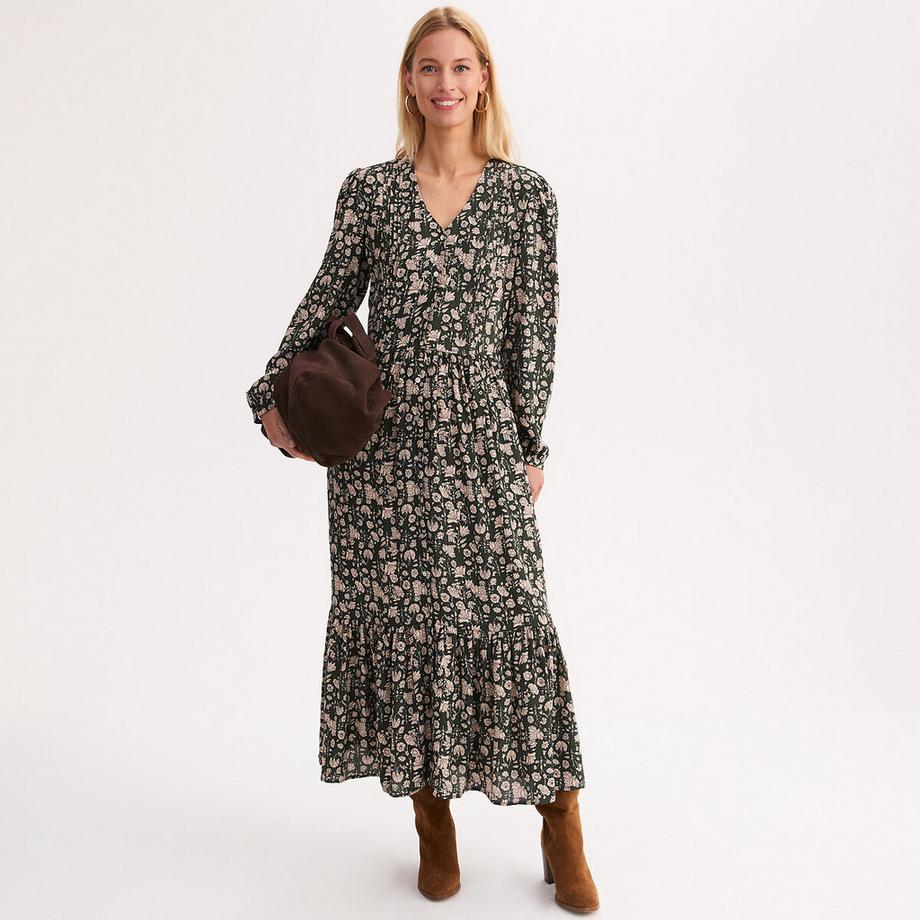 Robe longue à volant imprimé floral manches longues