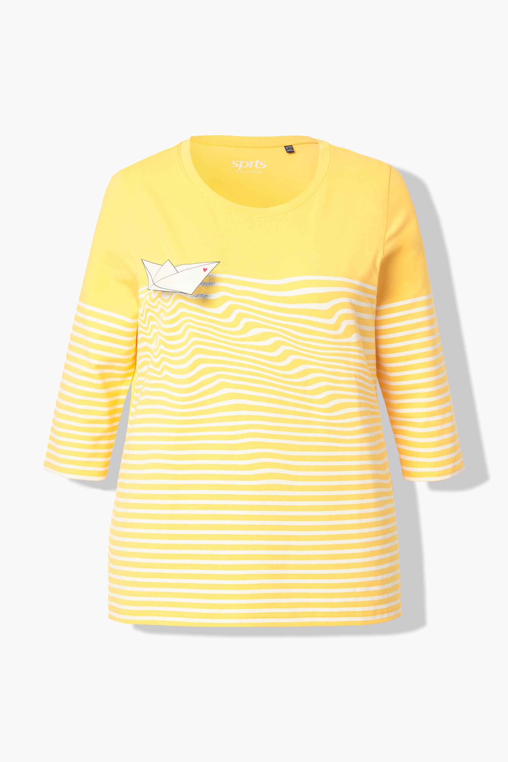 Ulla Popken  T-shirt à rayures, motif bateau en papier, encolure bateau et manches 3/4 