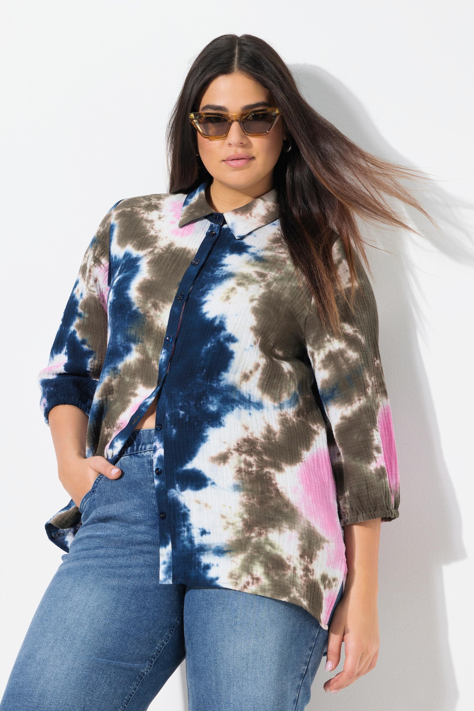 Ulla Popken Blusa Mussola Stampa Batik Collo Camicia Maniche 3/4  