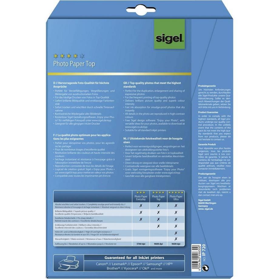 Sigel Photo Paper Top  Carta fotografica DIN A4 190 g/m² 20 Foglio Super lucida, Entrambi i lati sono stam  