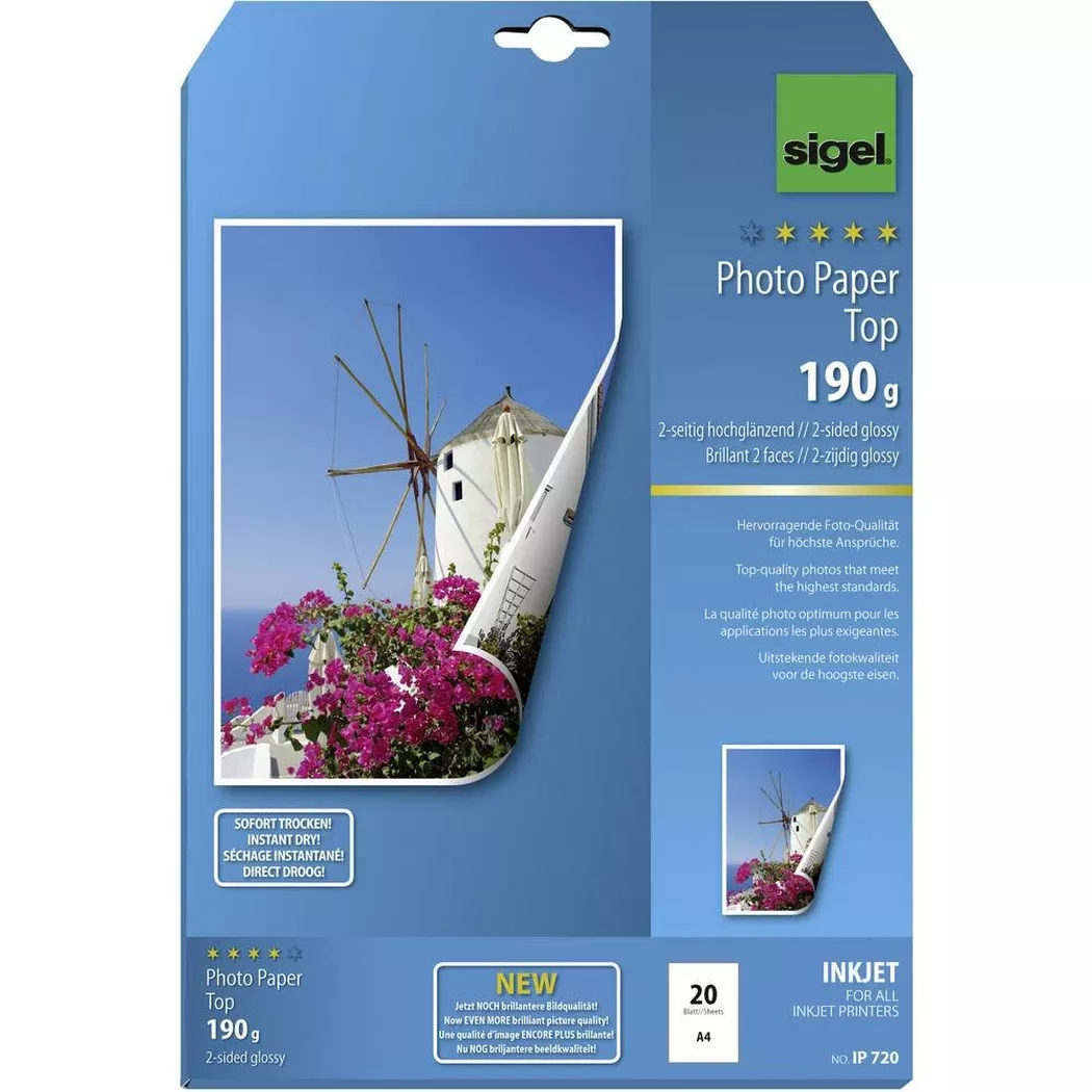 Sigel – Inkjet Fotopapier Top, 2-seitig hochglänzend, 190 g/m², A4, 20 Blatt, Multicolor, One Size