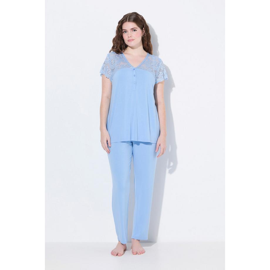 Ulla Popken Pyjama Spitze V-Ausschnitt Spitzen-Halbarm  
