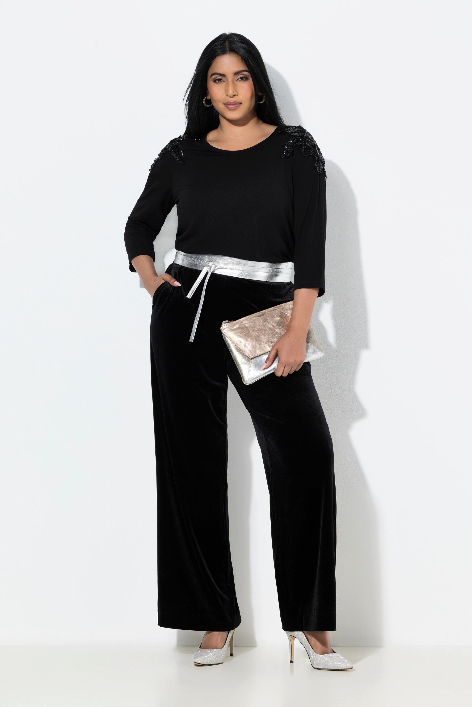 Ulla Popken Pantalon de tailleur en velours coupe évasée ceinture confortable  
