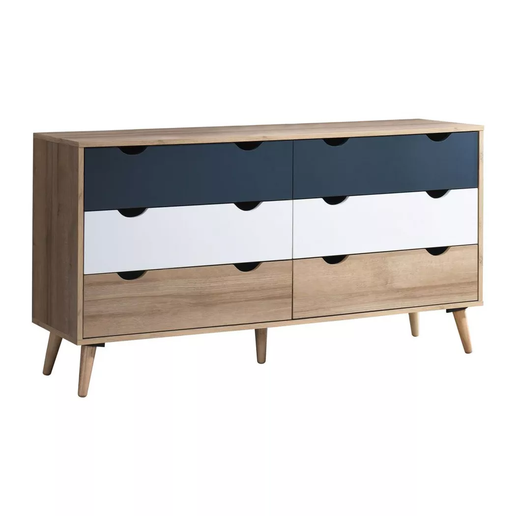Vente-unique - Commode 6 tiroirs - Coloris : Naturel, blanc et bleu marine - lurvia