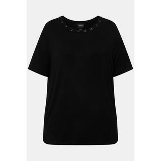 Ulla Popken  T-shirt con occhielli, laccetto, scollo a girocollo e mezze maniche 