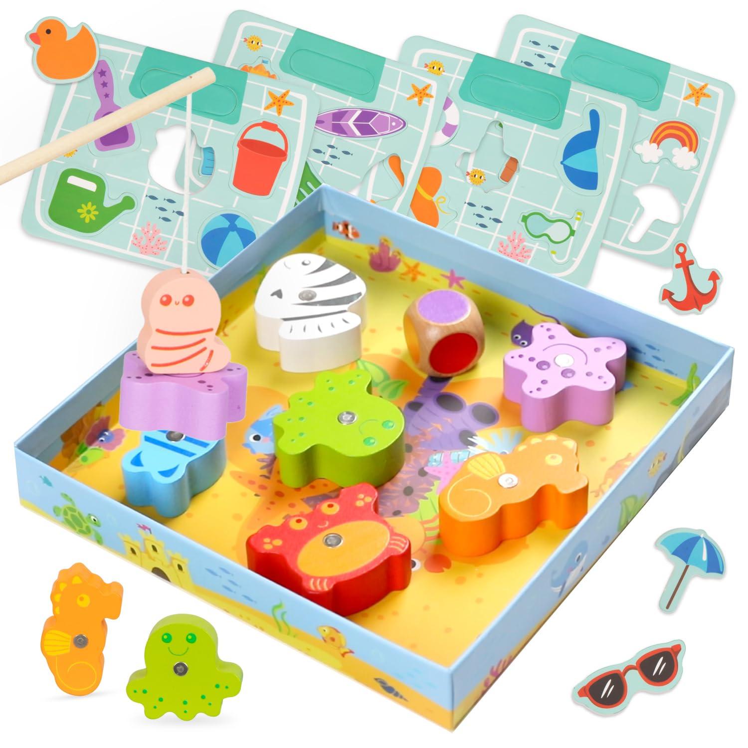 Activity-board  Jeu de canne à pêche avec puzzle de correspondance des couleurs Jeux éducatifs pour les tout-petits Jeu magnétique en bois, jouet de motricité 