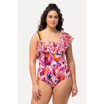 Maillot de bain à bonnets souples et volants, broderies florales colorées