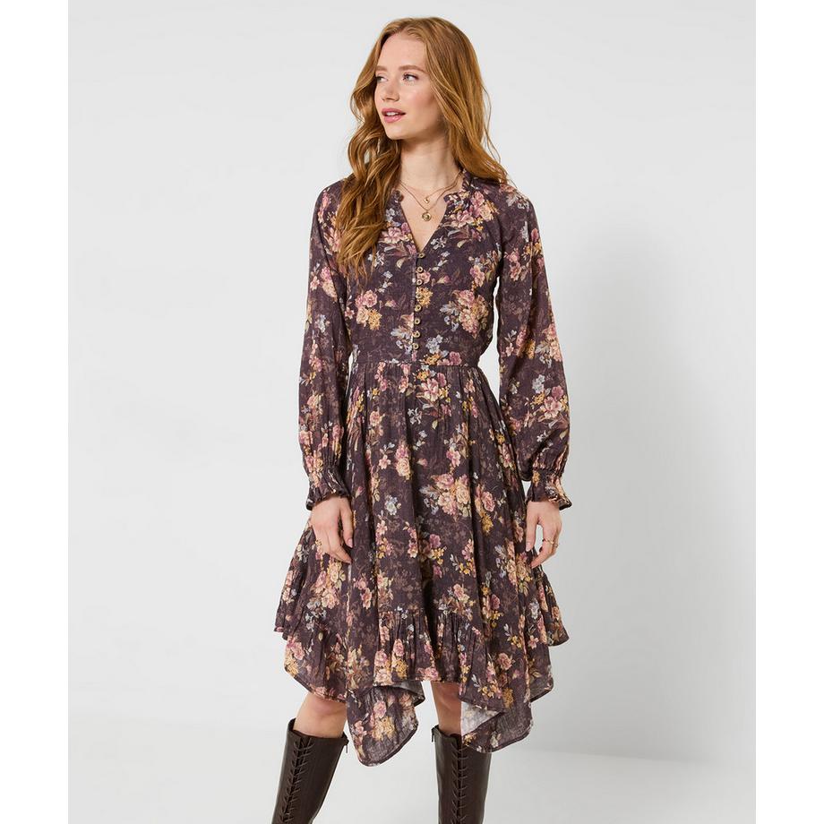 Robe Mi-Longue à Ourlet Plongeant Fleurs Anciennes
