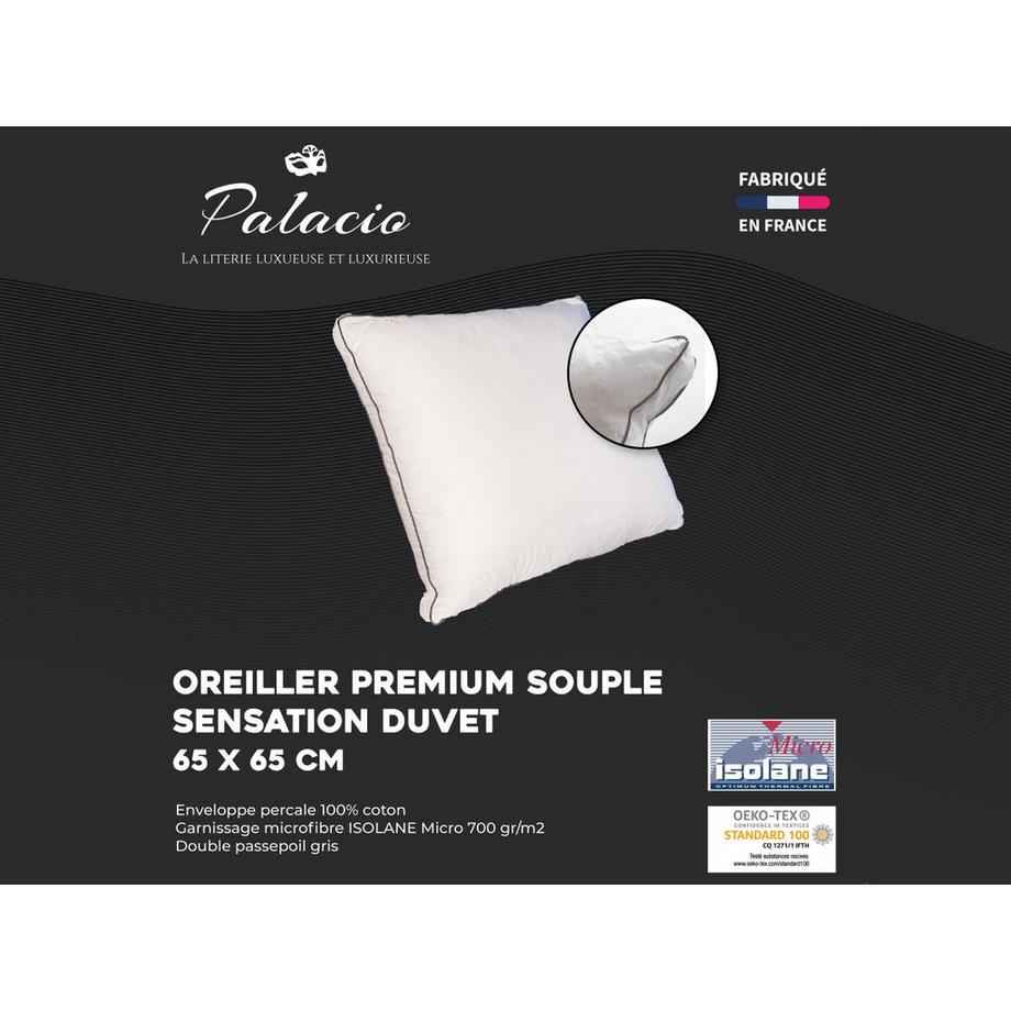 Oreiller sensation duvet en percale de coton 91 fils/cm² - 65 x 65 cm - 700 gr - Blanc - AUXENCE