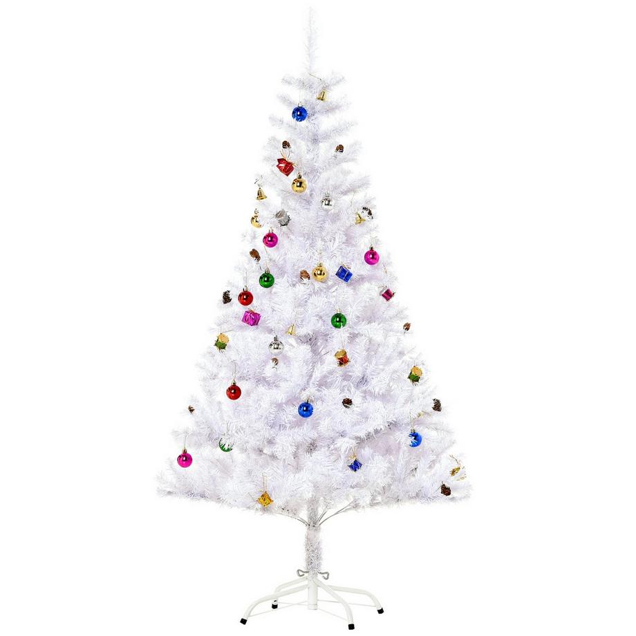 Sapin De Noël Artificiel 150 Cm Avec Support Et Décoration (150 Cm, Blanc/Sapin De Noël)