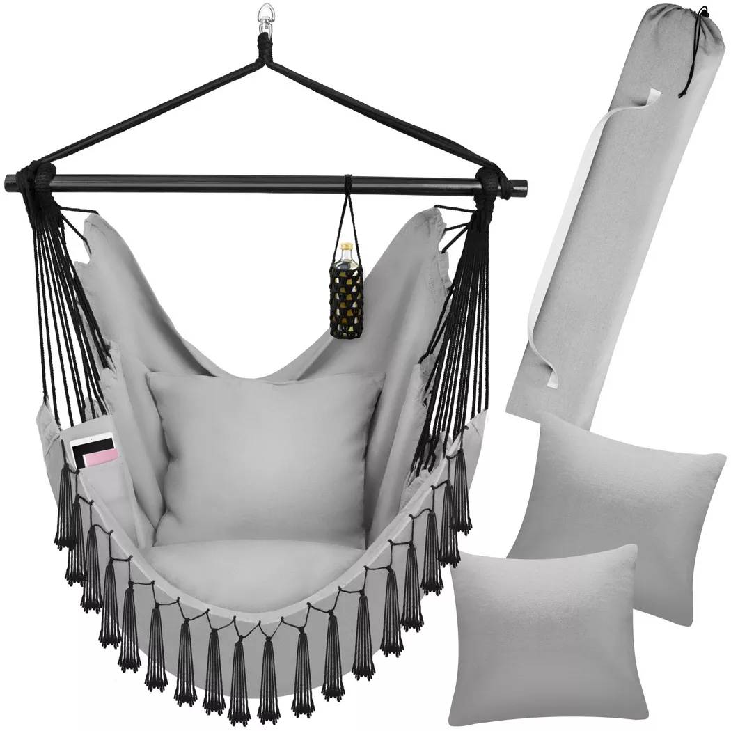 tectake Hanging Chair Malika, Boho Style, Load Capacity 150kg in Grey | Size: 1 Seater