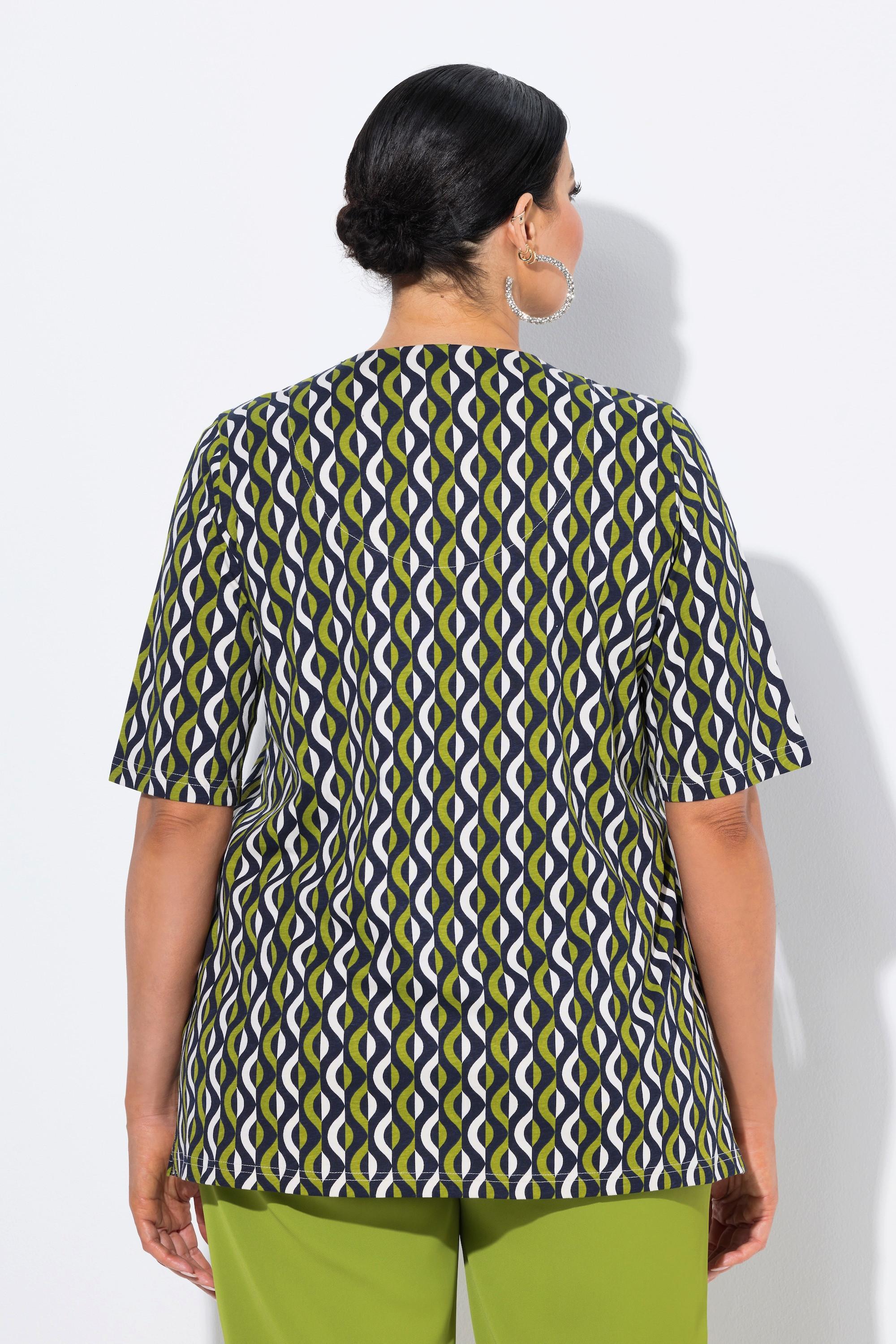 Ulla Popken Imprimé Graphique T-Shirt Col Tunisien Manches Courtes  