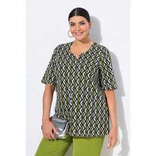 Ulla Popken Imprimé Graphique T-Shirt Col Tunisien Manches Courtes  